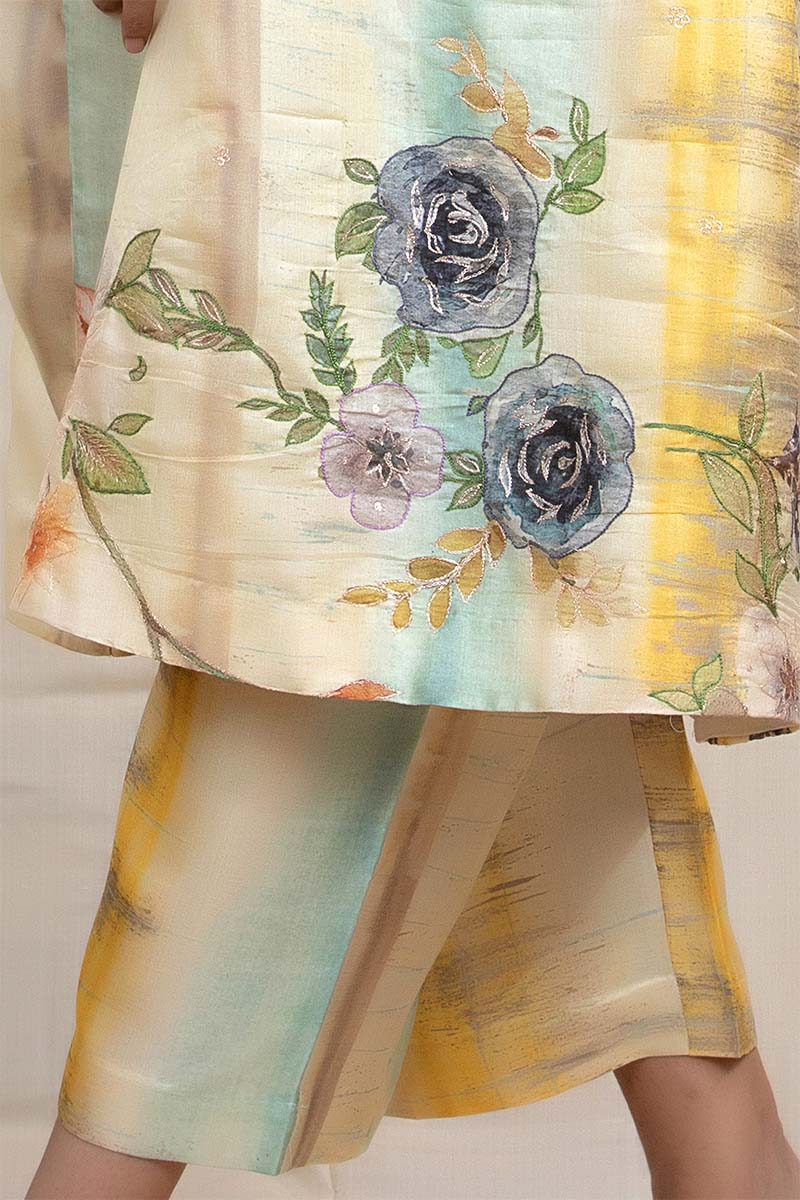 Lime Yellow Embellished Tussar Silk Kaaftan Set