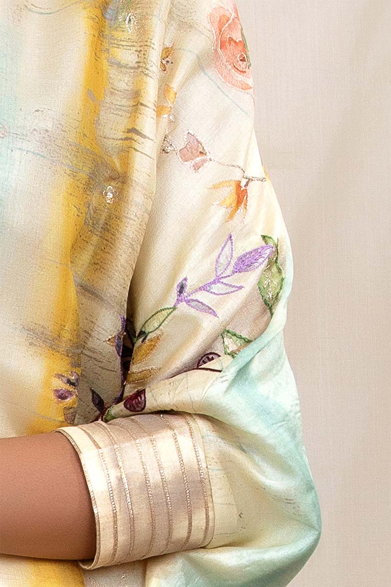 Lime Yellow Embellished Tussar Silk Kaaftan Set