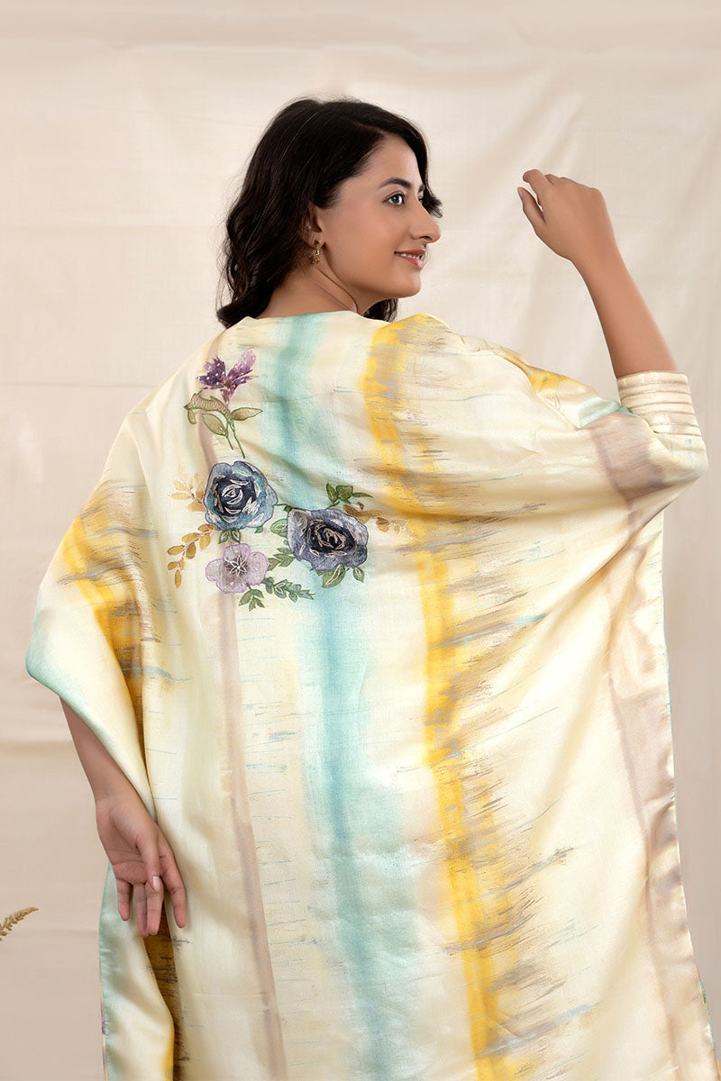 Lime Yellow Embellished Tussar Silk Kaaftan Set
