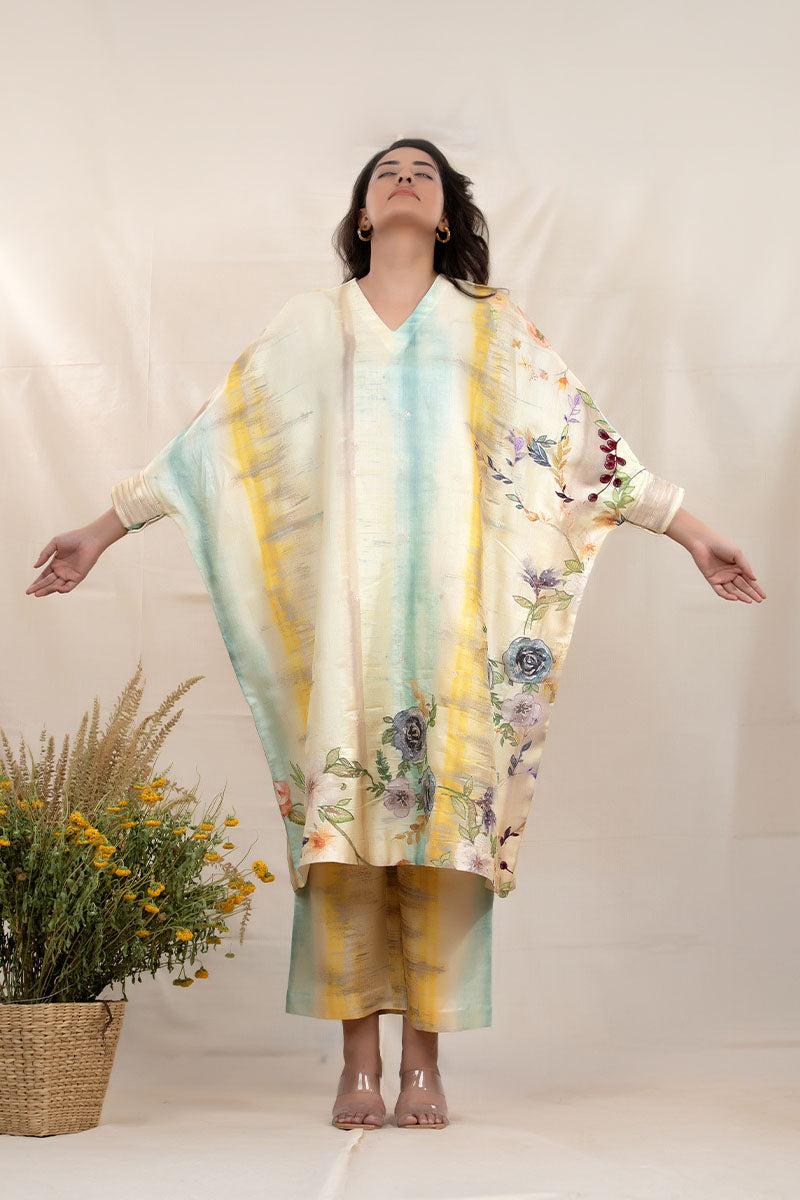Lime Yellow Embellished Tussar Silk Kaaftan Set