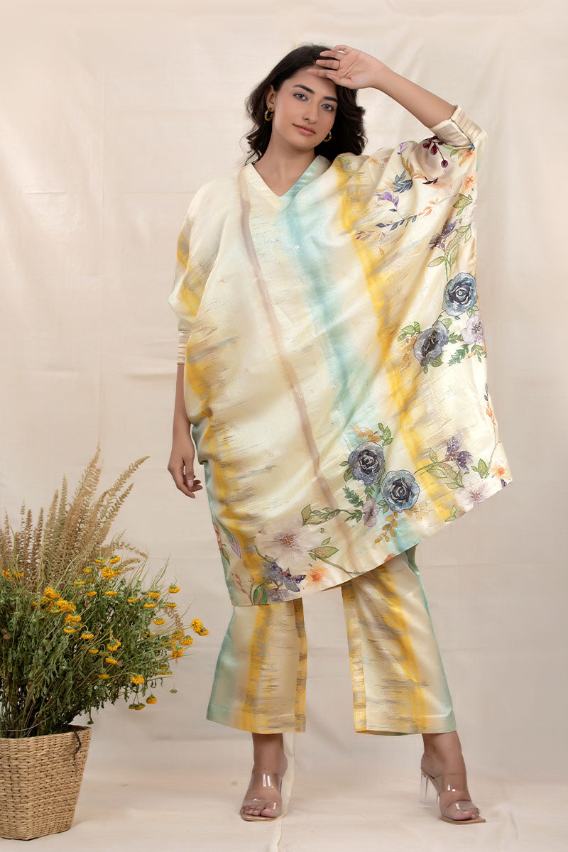 Women In Lime Yellow Embellished Tussar Silk Kaaftan Set At Chinaya Banaras