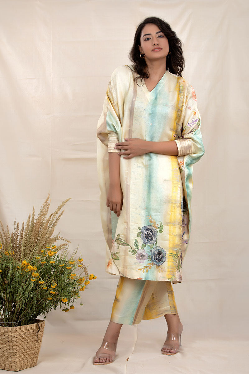 Women in Lime Yellow Tussar Silk Kaaftan Set at Chinaya Banaras