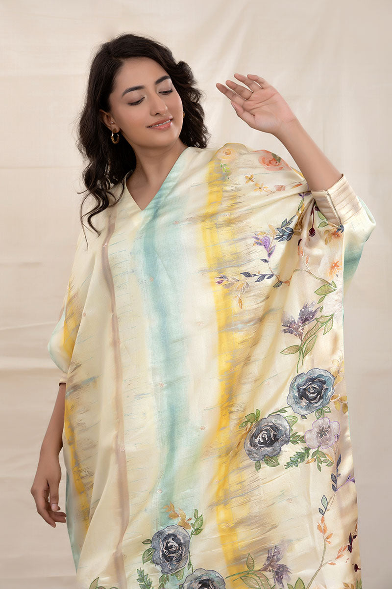 Lime Yellow Embellished Tussar Silk Kaaftan Set