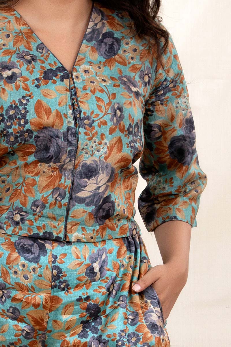 Teal Blue Floral Digital Printed Tussar Silk Co-Ord set - Chinaya Banaras