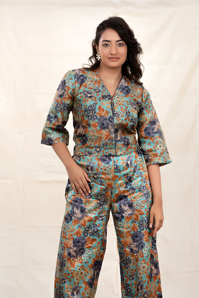Teal Blue Floral Digital Printed Tussar Silk Co-Ord set