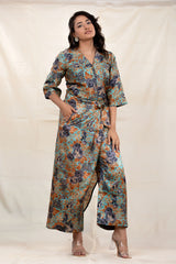 Women In Teal Blue Floral Digital Printed Tussar Silk Co-Ord set at Chinaya Banaras 