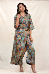 Teal Blue Floral Digital Printed Tussar Silk Co-Ord set - Chinaya Banaras