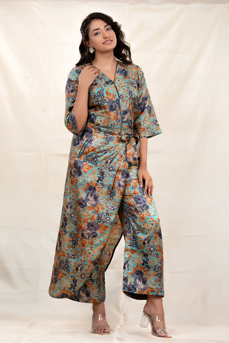 Teal Blue Floral Digital Printed Tussar Silk Co-Ord set