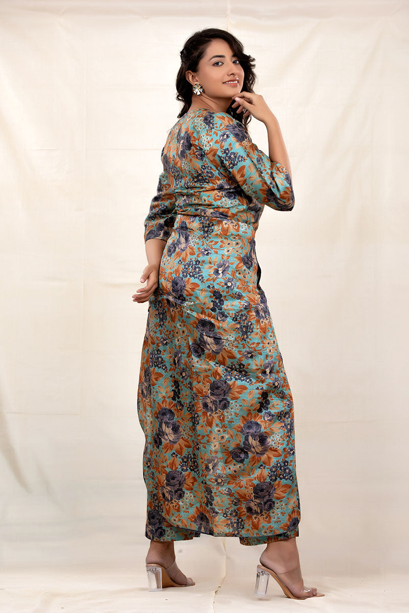 Teal Blue Floral Digital Printed Tussar Silk Co-Ord set - Chinaya Banaras