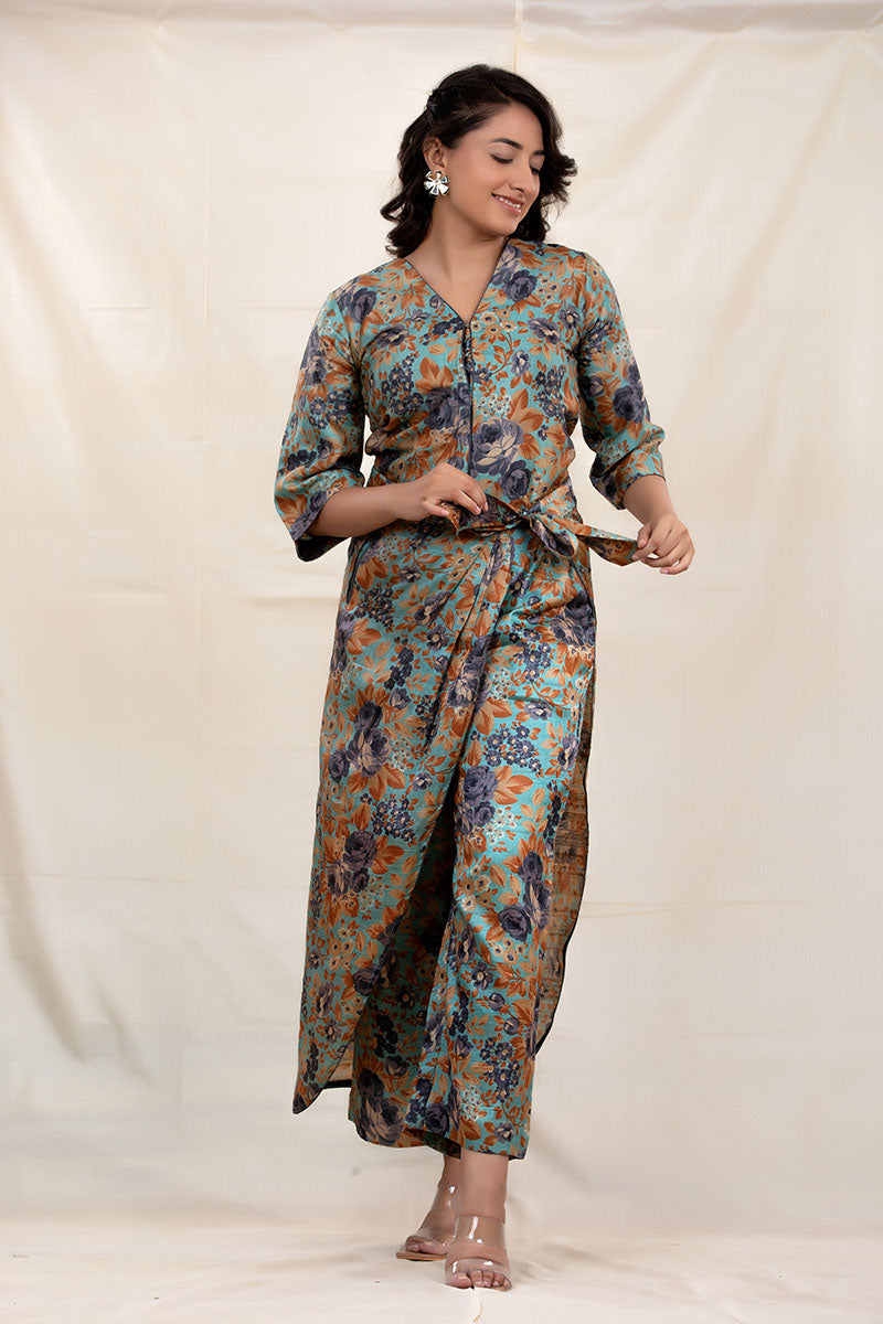 Teal Blue Floral Digital Printed Tussar Silk Co-Ord set
