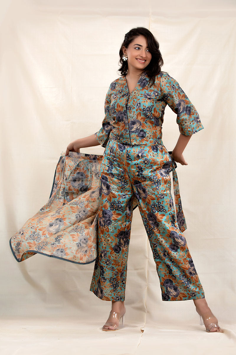 Teal Blue Floral Digital Printed Tussar Silk Co-Ord set