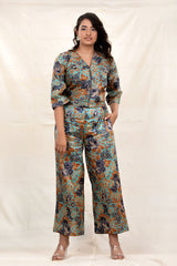 Teal Blue Floral Digital Printed Tussar Silk Co-Ord set - Chinaya Banaras