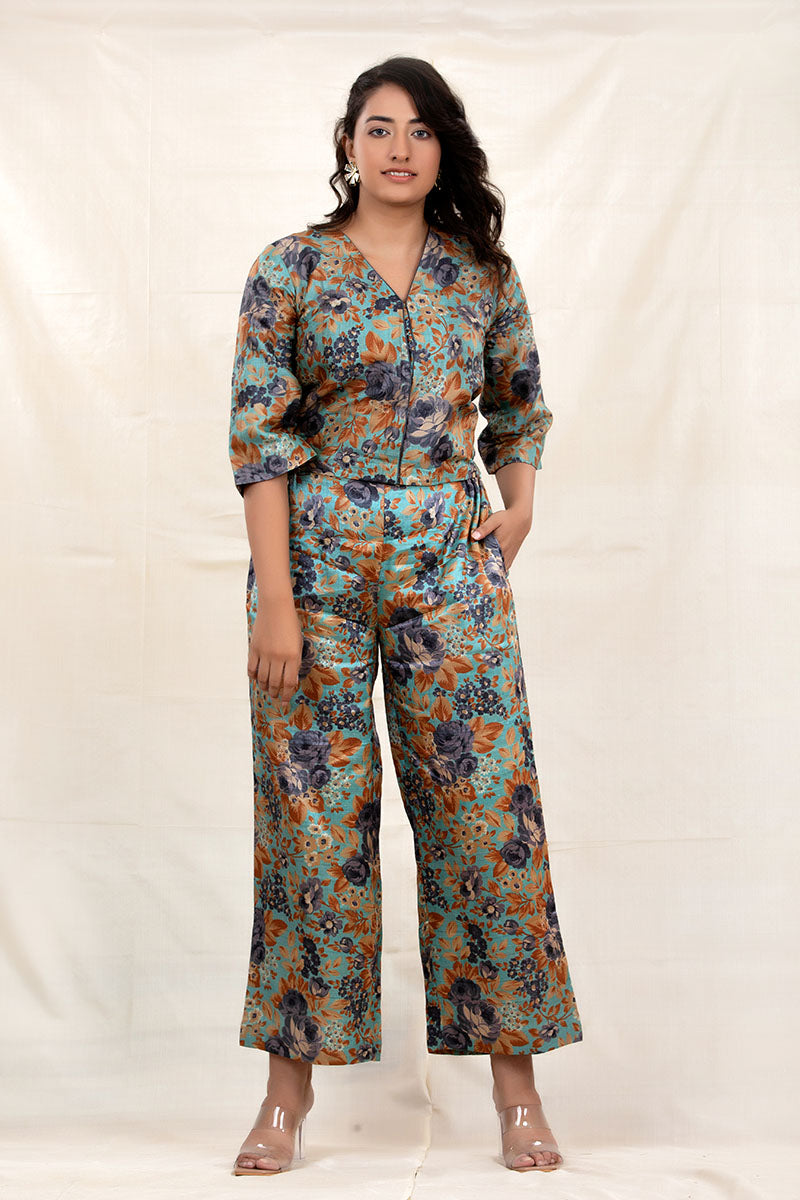 Teal Blue Floral Digital Printed Tussar Silk Co-Ord set