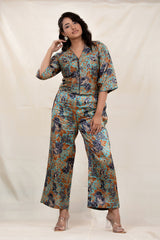 Teal Blue Floral Digital Printed Tussar Silk Co-Ord set - Chinaya Banaras