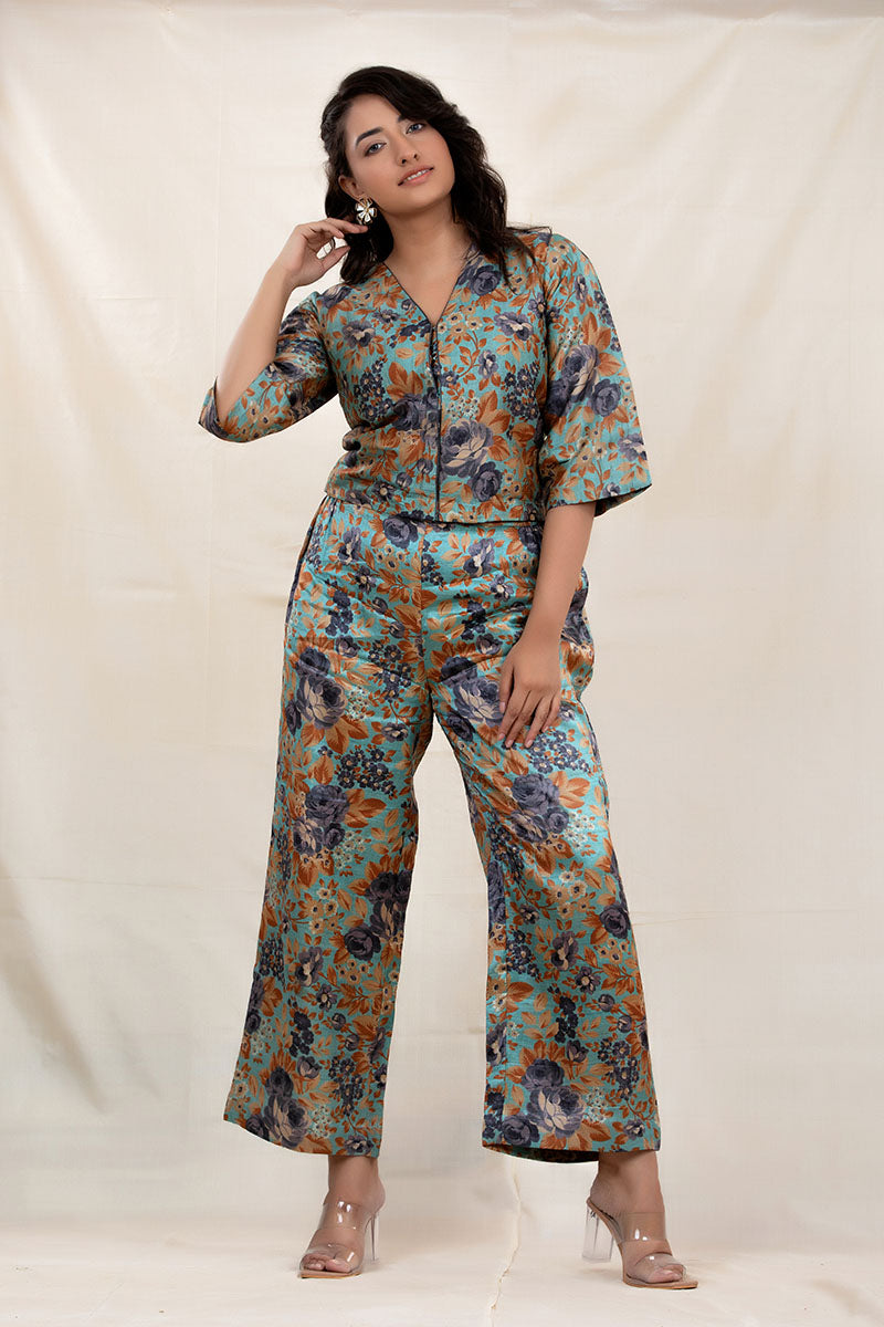 Teal Blue Floral Digital Printed Tussar Silk Co-Ord set - Chinaya Banaras