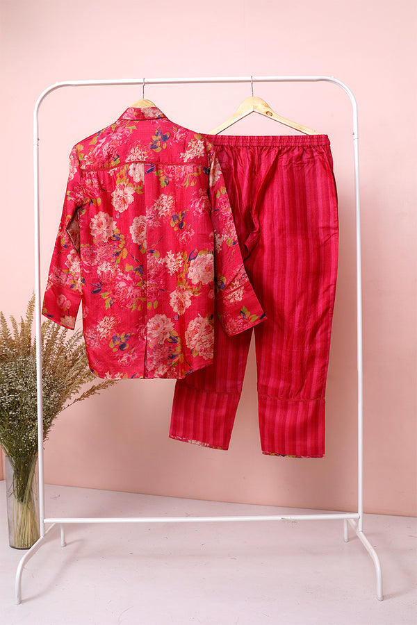 Crimson Red Floral Printed Tussar Silk Co-Ord Set