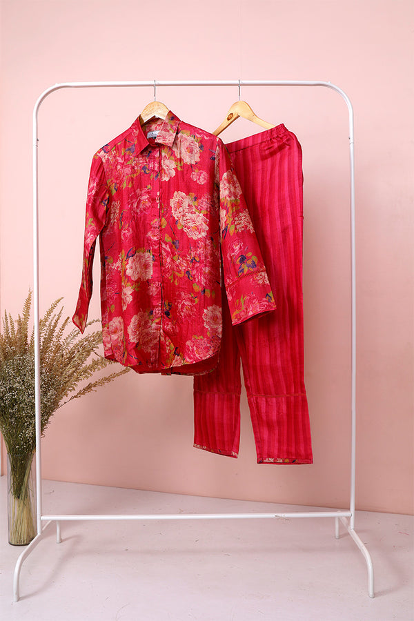 Crimson Red Floral Printed Tussar Silk Co-Ord Set By Chinaya Banaras 