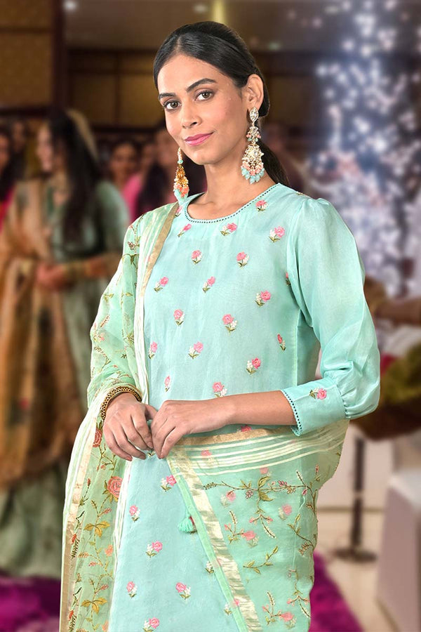 Women in Sea Green Organza Silk Sharara set at Chinaya Banaras