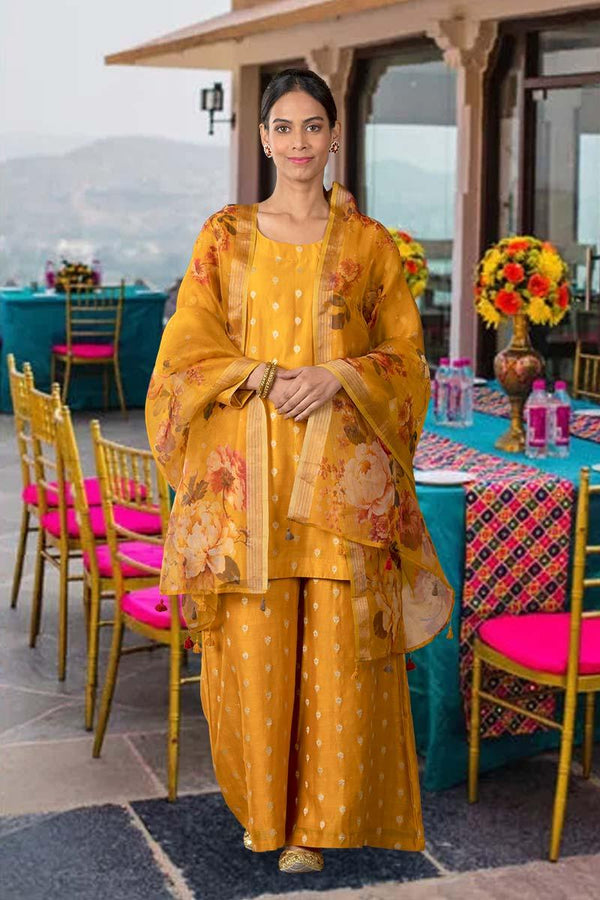 Women in Mustard Yellow Chanderi Silk Suit Set at Chinaya Banaras