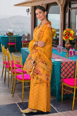Women in Musturd Yellow Chanderi Silk Suit Set at Chinaya Banaras