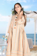 Ivory Stripe Printed Cotton Dress - Chinaya Banaras