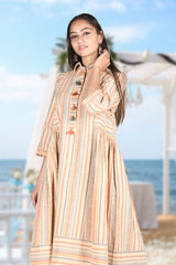 Women In Ivory Stripe Printed Cotton Dress At Chinaya Banaras