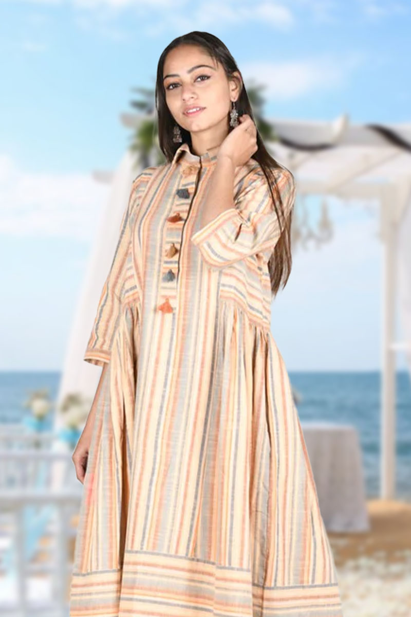 Ivory Stripe Printed Cotton Dress - Chinaya Banaras