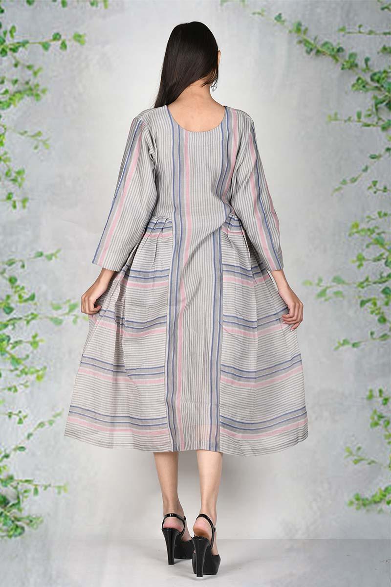 Women in Grey Stripe Printed Chanderi Cotton Dress at Chinaya Banaras