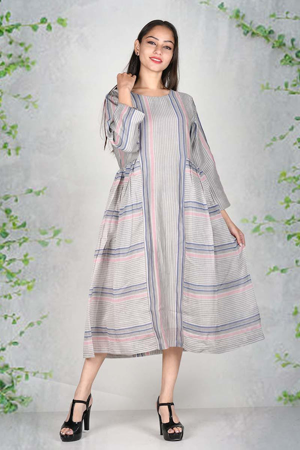 Women in Grey Stripe Printed Chanderi Cotton Dress at Chinaya Banaras