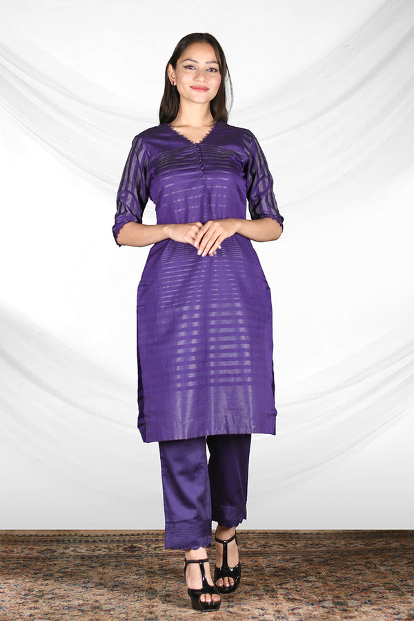 Women with Purple Chanderi Silk Kurta Pant Set at Chinaya Banaras