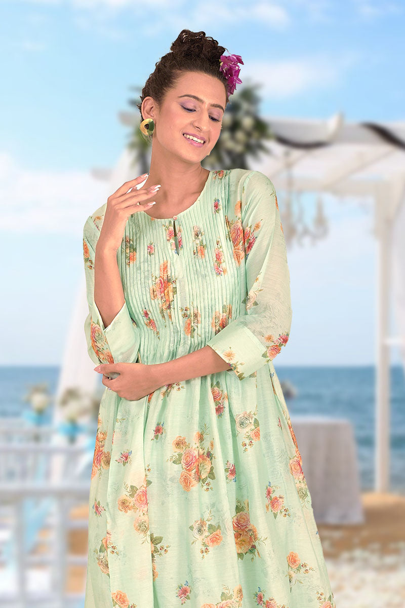 Women In Sea Green Floral Printed Modal Kurta Set At Chinaya Banaras