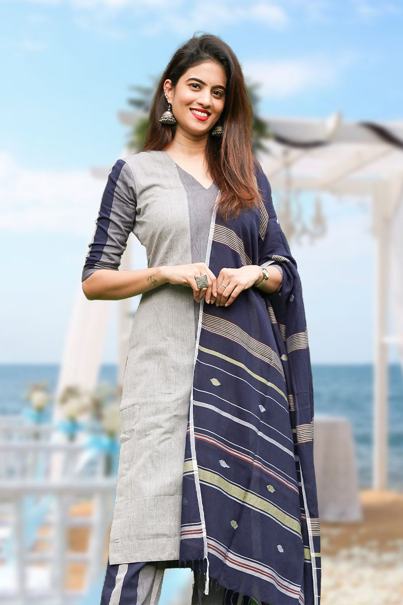 Navy Blue Striped Cotton Suit Set - Chinaya Banaras