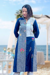 Grey & Blue Embroidered Cotton Kurta Pant Set by Chinaya Banaras