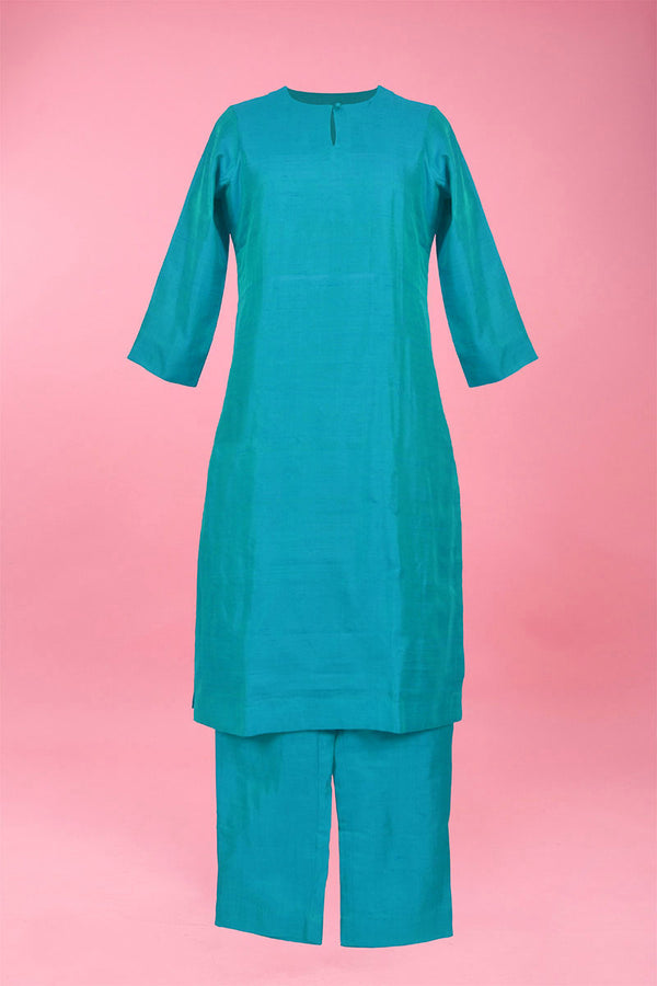 Tale Blue Woven Raw Silk Kurta Pant Set For Women