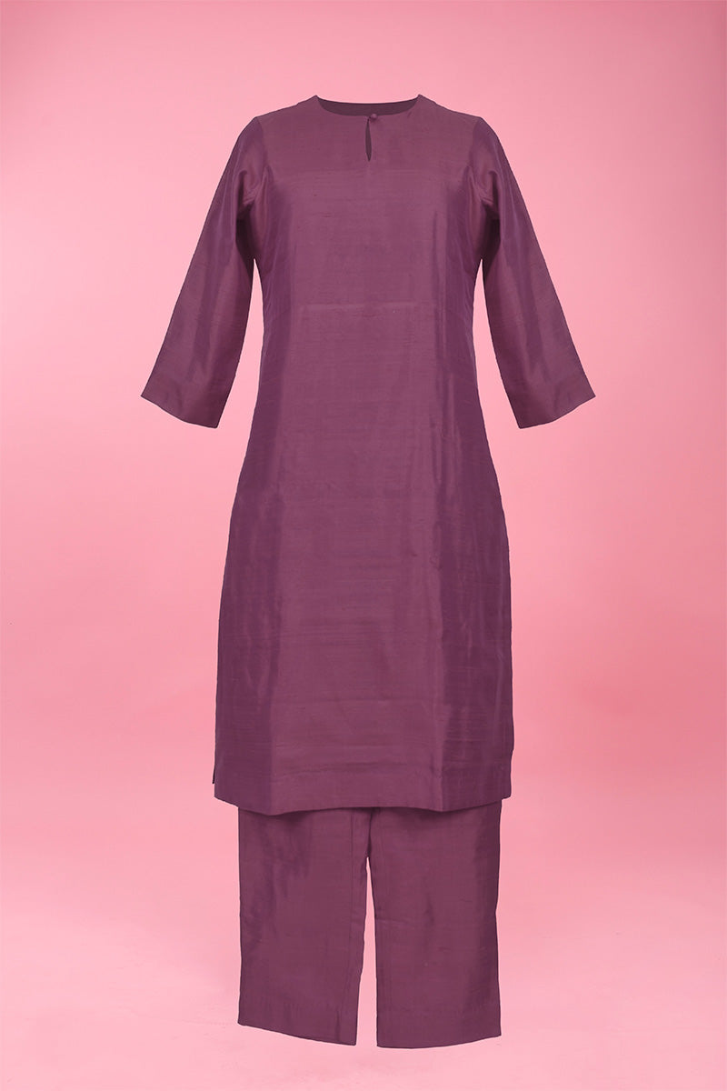 Metallic Purple Woven Raw Silk Kurta Pant Set For Women