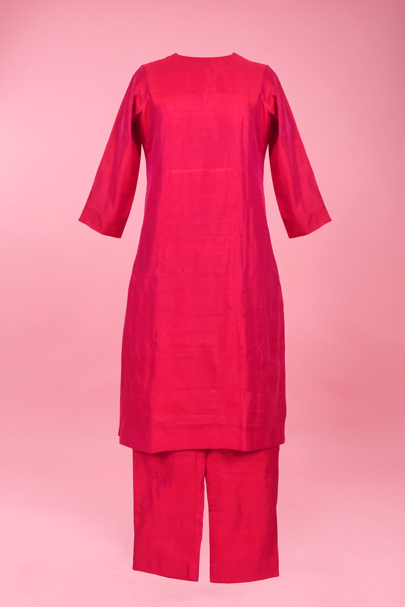 Hot Pink Woven Raw Silk Kurta Pant Set For Women - Chinaya Banaras