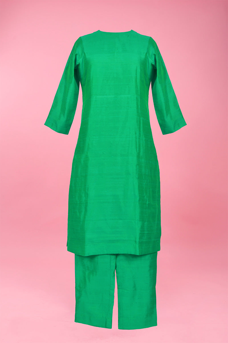 Emerald Green Woven Raw Silk Kurta Pant Set For Women - Chinaya Banaras