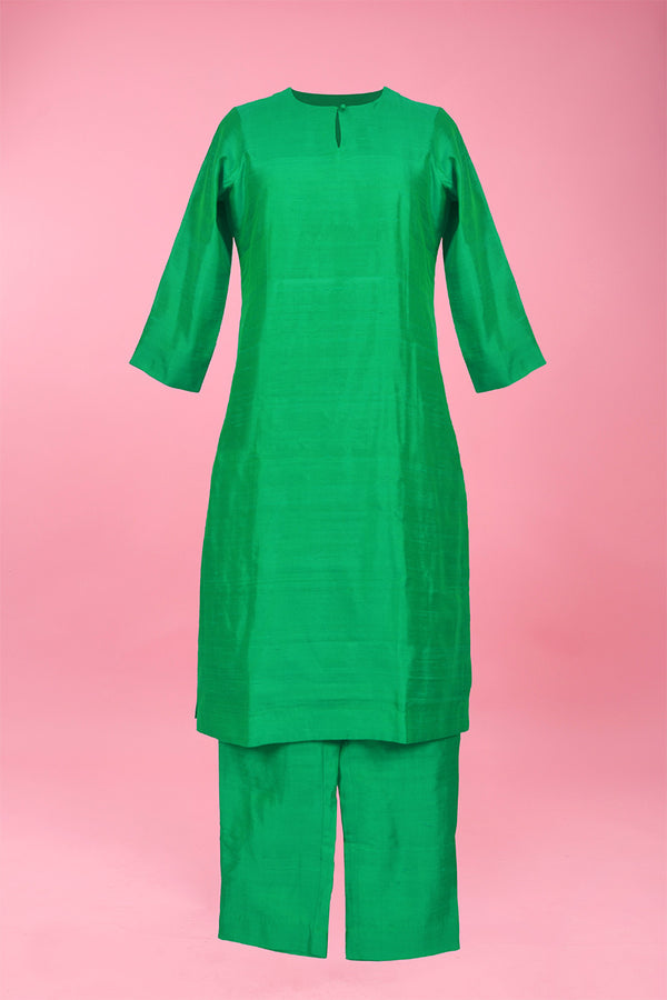 Emerald Green Woven Raw Silk Kurta Pant Set For Women