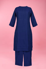 Navy Blue Woven Raw Silk Kurta Pant Set For Women - Chinaya Banaras