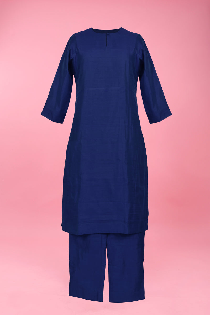 Navy Blue Woven Raw Silk Kurta Pant Set For Women