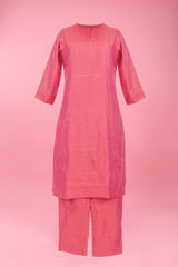 Sweet Pink Woven Raw Silk Kurta Pant Set For Women