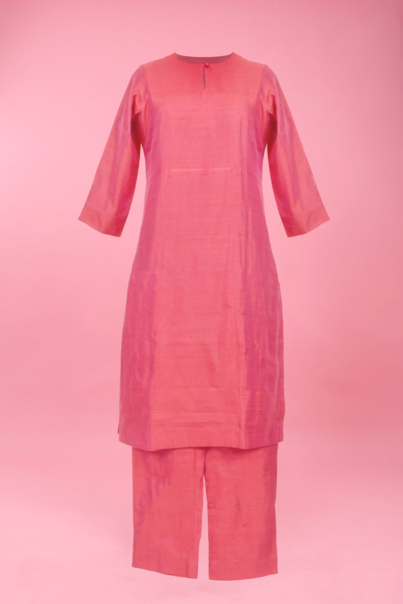 Sweet Pink Woven Raw Silk Kurta Pant Set For Women