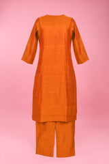 Saffron Orange Woven Raw Silk Kurta Pant Set For Women - Chinaya Banaras