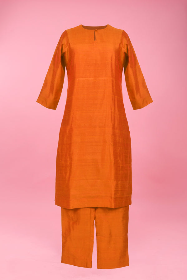 Saffron Orange Woven Raw Silk Kurta Pant Set For Women