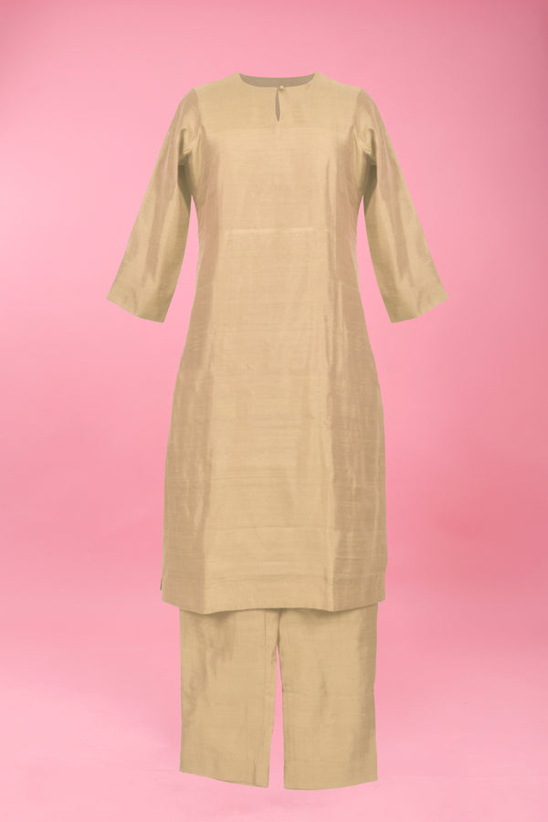 Classic Beige Woven Raw Silk Kurta Pant Set For Women