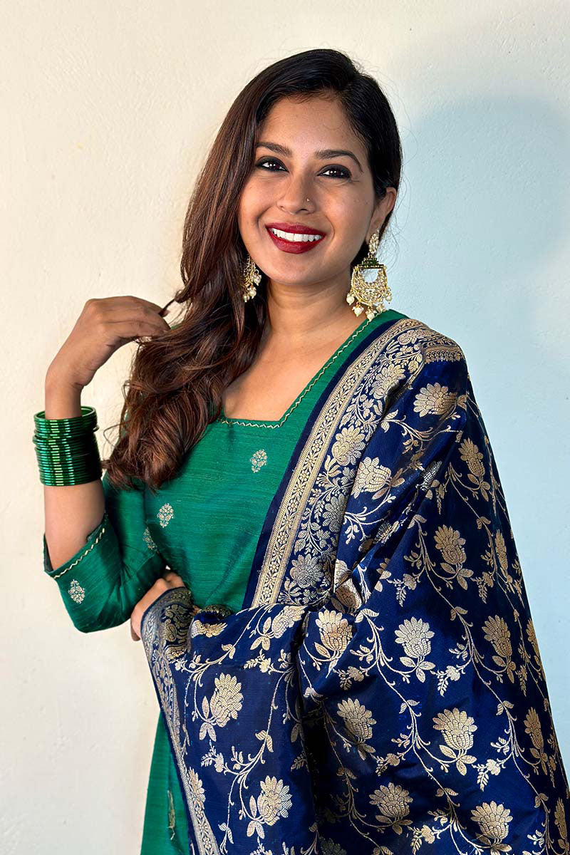 Sunitha Scharma In Peacock Green Handwoven Raw Silk Suit Set - Chinaya Banaras