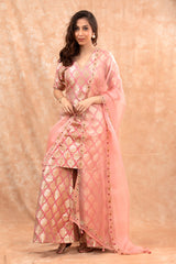 Women In Baby Pink Handwoven Banarasi Silk Suit Set At Chinaya Banaras