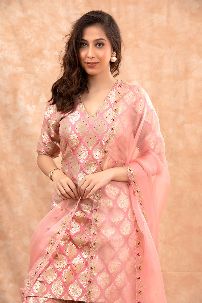 Brocade Readymade Banarasi Salwar Suit Baby Pink Handwoven