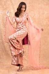 Baby Pink Handwoven Banarasi Silk Suit Set - Chinaya Banaras