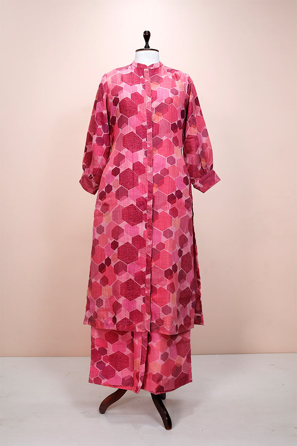 Pink Delight Geometrical Printed Linen Kurta Set - Chinaya Banaras